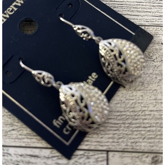 Belk Silverworks Fine Silver Plated Crystal Dangle Drop Oval Earrings - Picture 3 of 5